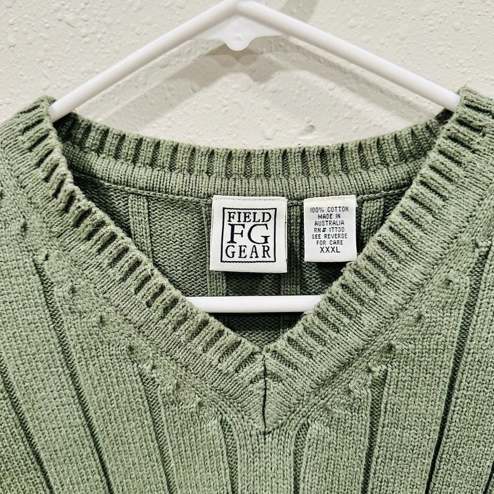 Vintage 90s Green Field Gear Men's  V-Neck Ribbed Sweater 3XL Layering Preppy - Picture 5 of 13